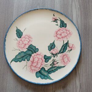 Vintage Hand-Painted Floral Ceramic Plate By Perkins With Blue Trim